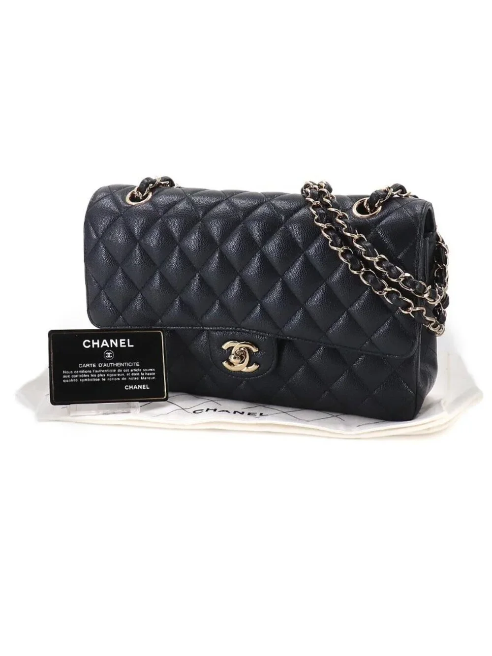 Chanel Quilted 25 Chain Shoulder Bag Caviar Leather Navy Gold